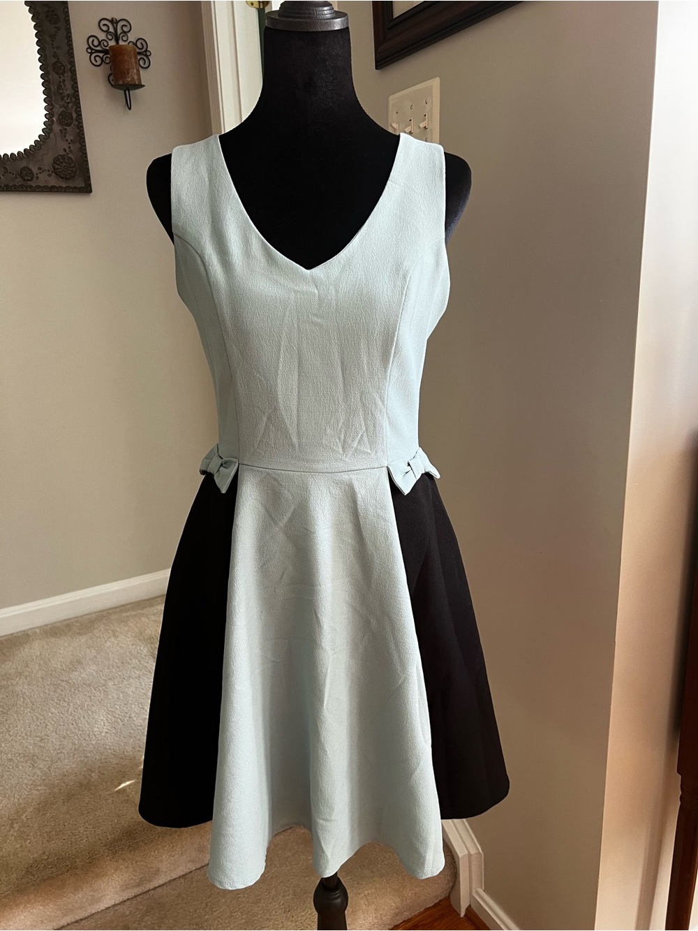 Sleeveless V-Neck A-Line Dress in Light Blue and Black